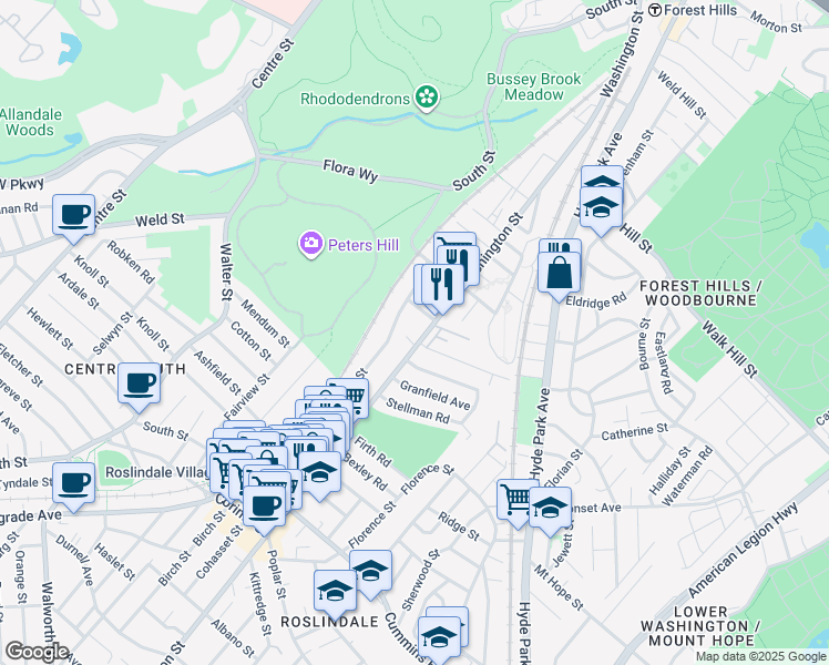 map of restaurants, bars, coffee shops, grocery stores, and more near 4043 Washington Street in Roslindale