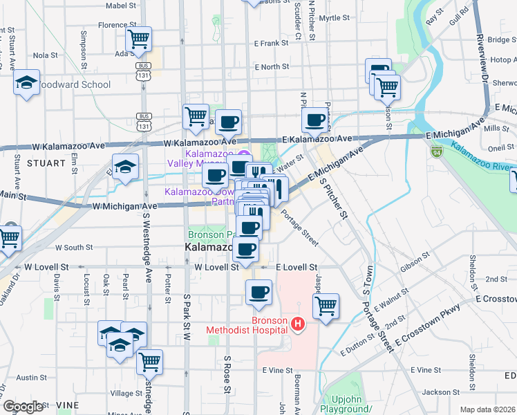 map of restaurants, bars, coffee shops, grocery stores, and more near 143 Farmers Alley in Kalamazoo