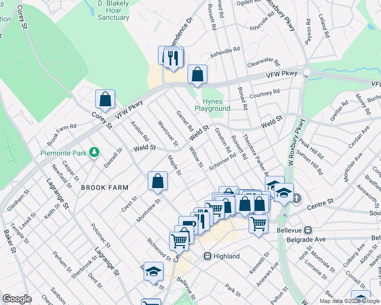 map of restaurants, bars, coffee shops, grocery stores, and more near 26 Maple Terrace in Boston