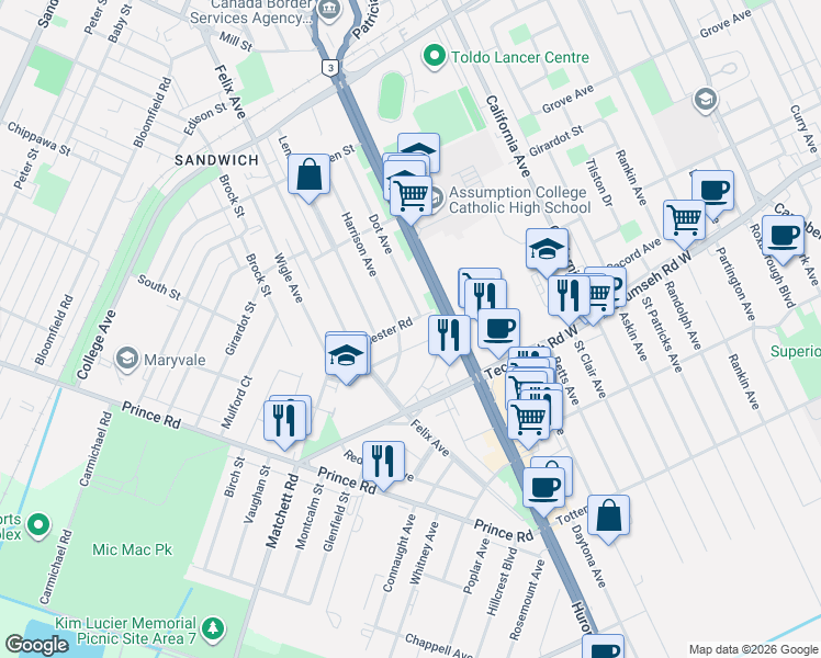 map of restaurants, bars, coffee shops, grocery stores, and more near in Windsor
