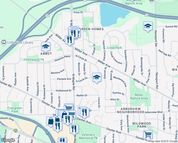 map of restaurants, bars, coffee shops, grocery stores, and more near 1039 Westaire Way in Ann Arbor