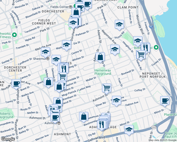 map of restaurants, bars, coffee shops, grocery stores, and more near 107 Lonsdale Street in Boston
