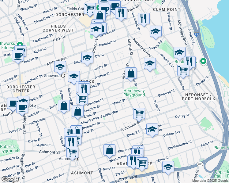 map of restaurants, bars, coffee shops, grocery stores, and more near 107 Lonsdale Street in Boston