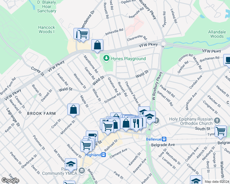 map of restaurants, bars, coffee shops, grocery stores, and more near 111 Manthorne Road in Boston