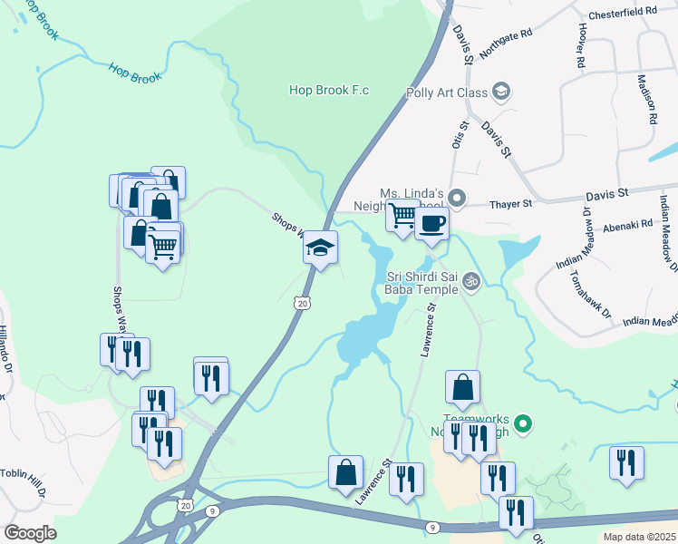 map of restaurants, bars, coffee shops, grocery stores, and more near 21 Hitching Post Lane in Northborough