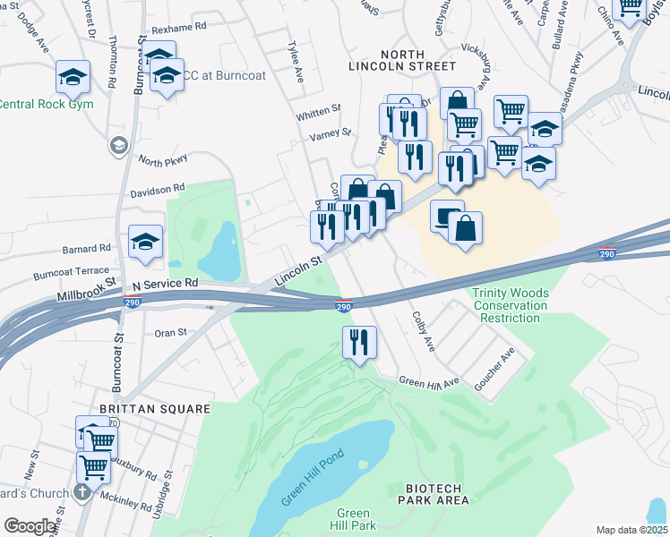 map of restaurants, bars, coffee shops, grocery stores, and more near 441 Lincoln Street in Worcester
