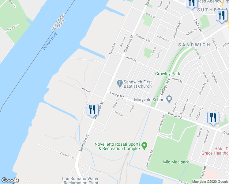 map of restaurants, bars, coffee shops, grocery stores, and more near 411 Prince Road in Windsor