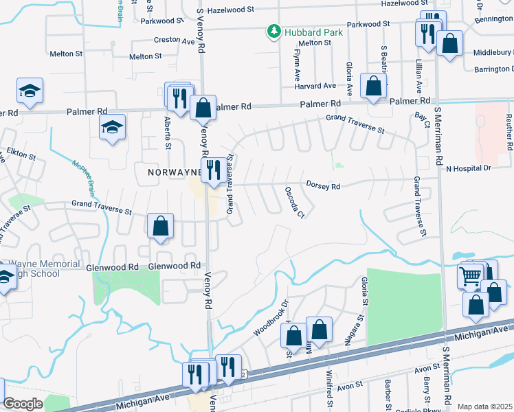 map of restaurants, bars, coffee shops, grocery stores, and more near 32626 Montcalm Street in Westland