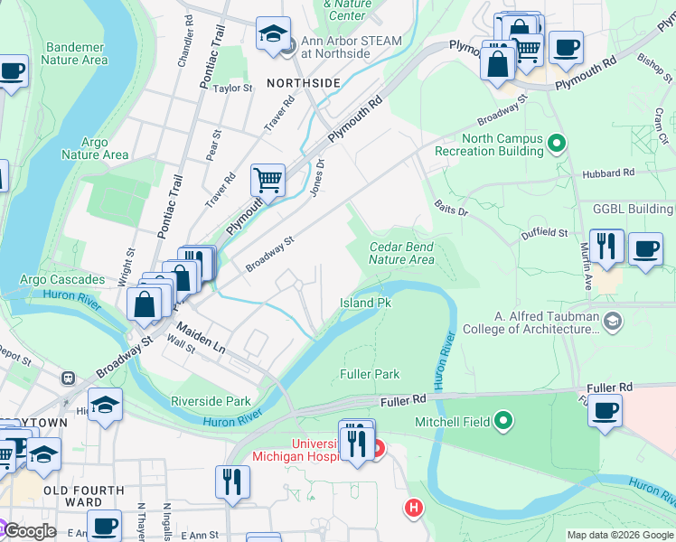 map of restaurants, bars, coffee shops, grocery stores, and more near 1257 Island Drive in Ann Arbor