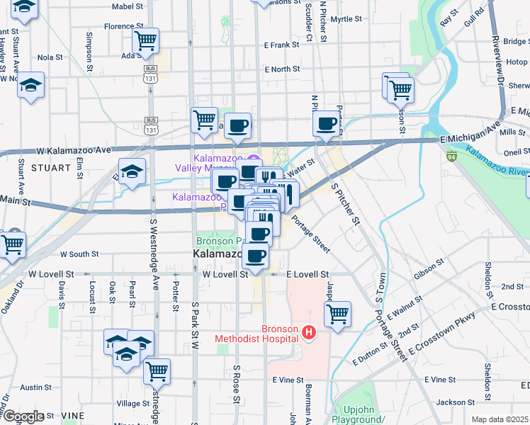 map of restaurants, bars, coffee shops, grocery stores, and more near 143 Farmers Alley in Kalamazoo