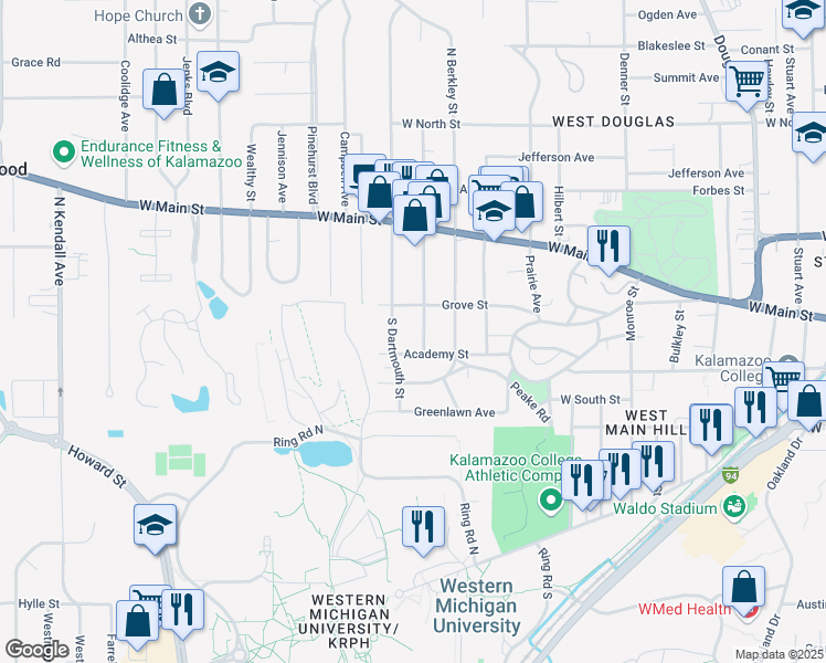 map of restaurants, bars, coffee shops, grocery stores, and more near 1908 Academy Street in Kalamazoo