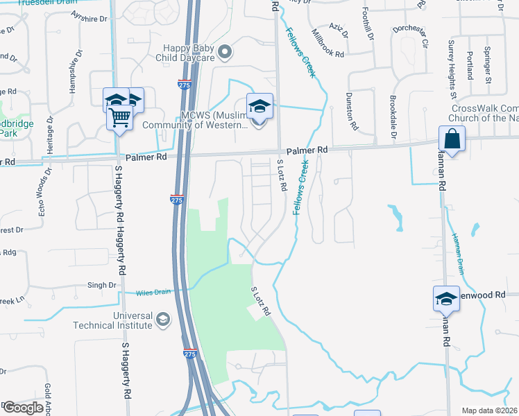 map of restaurants, bars, coffee shops, grocery stores, and more near 40599 Blythefield Lane in Canton