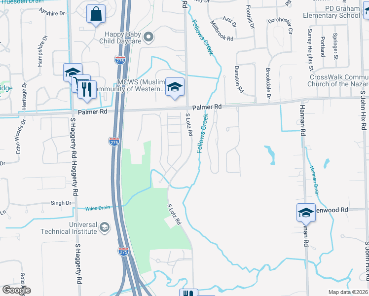 map of restaurants, bars, coffee shops, grocery stores, and more near 2218 South Lotz Road in Canton