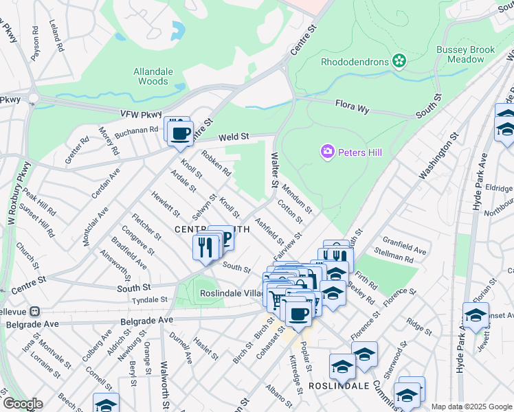 map of restaurants, bars, coffee shops, grocery stores, and more near 92 Walter Street in Boston