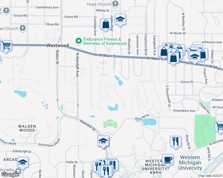 map of restaurants, bars, coffee shops, grocery stores, and more near 200 Lake Forest Boulevard in Kalamazoo