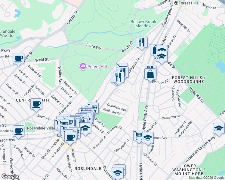 map of restaurants, bars, coffee shops, grocery stores, and more near 14 Bradeen Street in Boston