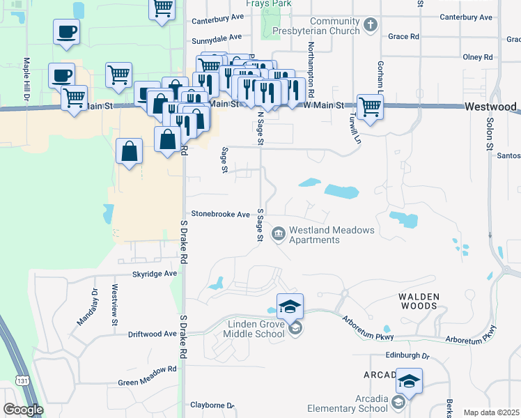 map of restaurants, bars, coffee shops, grocery stores, and more near 114 South Sage Street in Kalamazoo