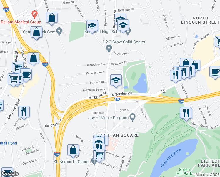 map of restaurants, bars, coffee shops, grocery stores, and more near 6 Wawecus Road in Worcester