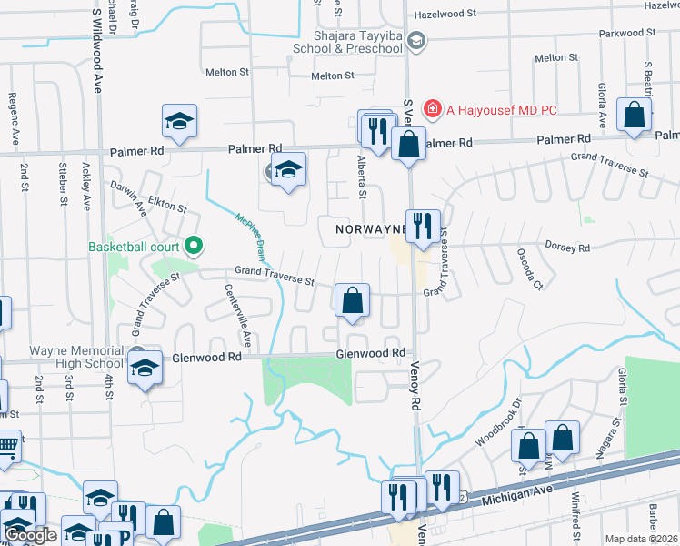 map of restaurants, bars, coffee shops, grocery stores, and more near 33200 Grand Traverse Street in Westland