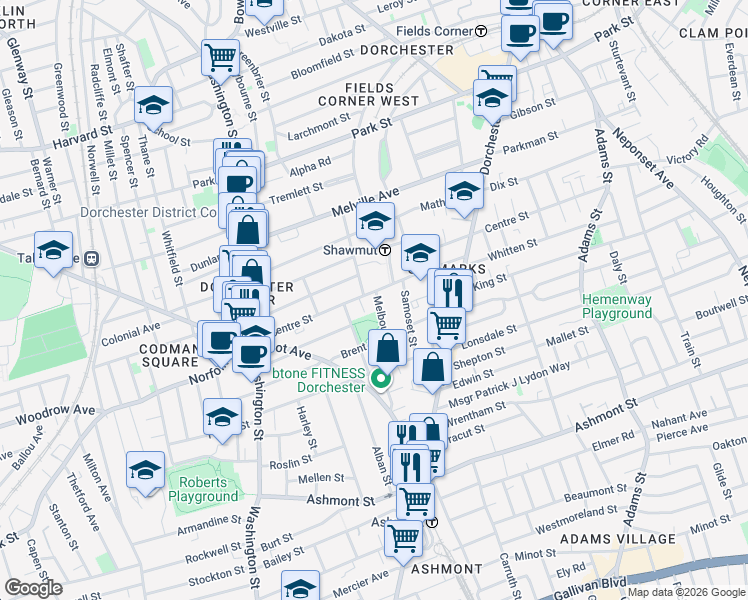 map of restaurants, bars, coffee shops, grocery stores, and more near 10R Wainwright Street in Boston