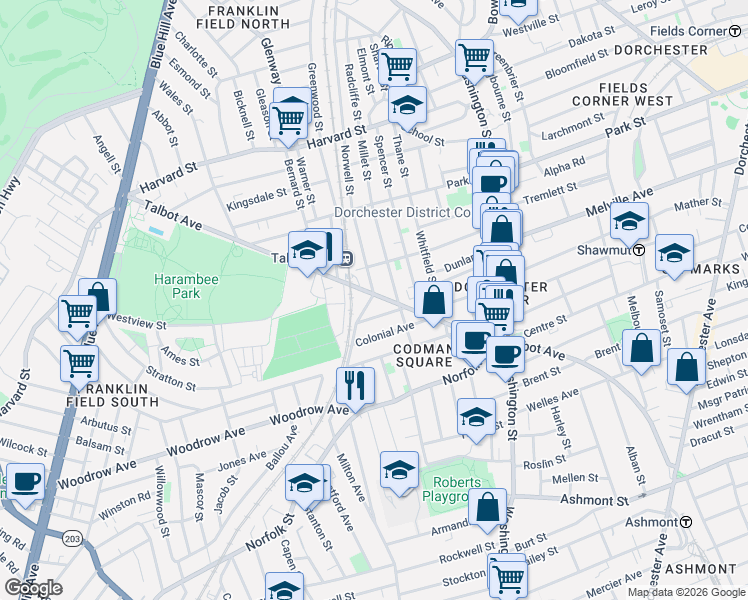 map of restaurants, bars, coffee shops, grocery stores, and more near 18-20 New England Avenue in Boston