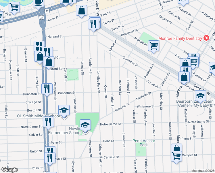 map of restaurants, bars, coffee shops, grocery stores, and more near 2853 Queen Street in Dearborn