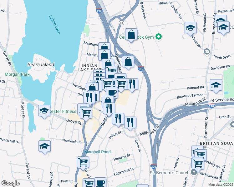 map of restaurants, bars, coffee shops, grocery stores, and more near Gold Star Boulevard in Worcester