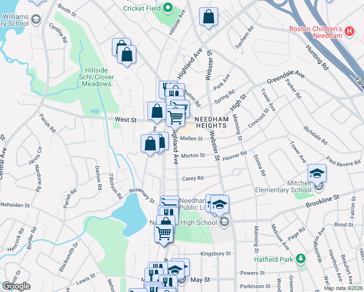 map of restaurants, bars, coffee shops, grocery stores, and more near 1032 Highland Avenue in Needham