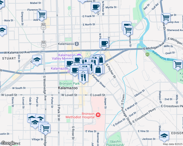 map of restaurants, bars, coffee shops, grocery stores, and more near 142 Portage Street in Kalamazoo