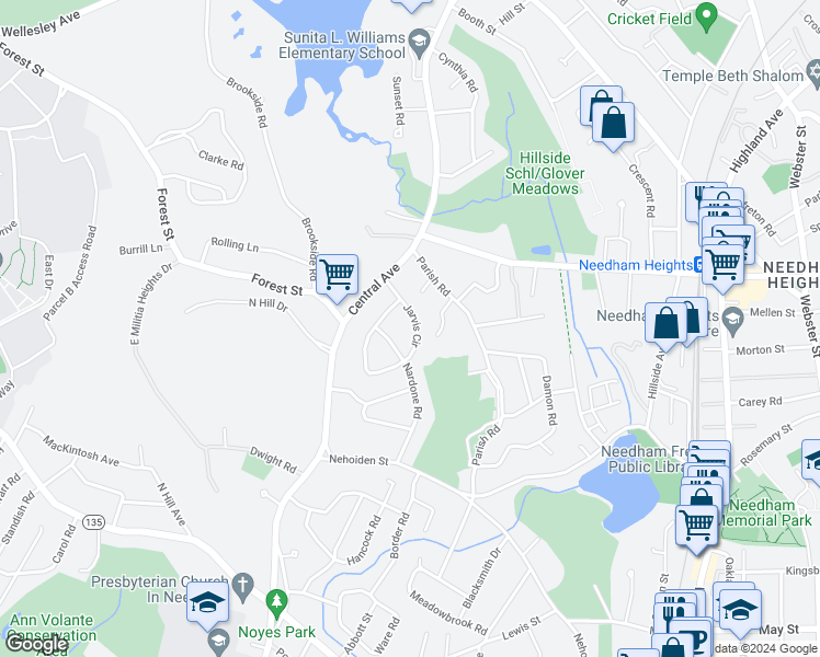 map of restaurants, bars, coffee shops, grocery stores, and more near 51 Jarvis Circle in Needham