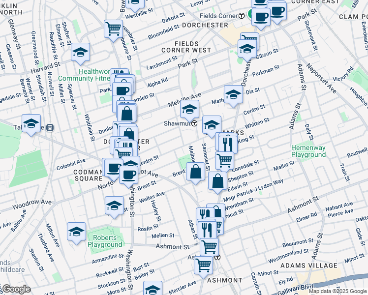 map of restaurants, bars, coffee shops, grocery stores, and more near 10R Wainwright Street in Boston