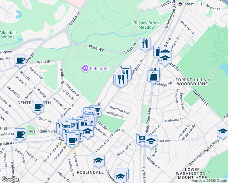 map of restaurants, bars, coffee shops, grocery stores, and more near 14 Bradeen Street in Boston
