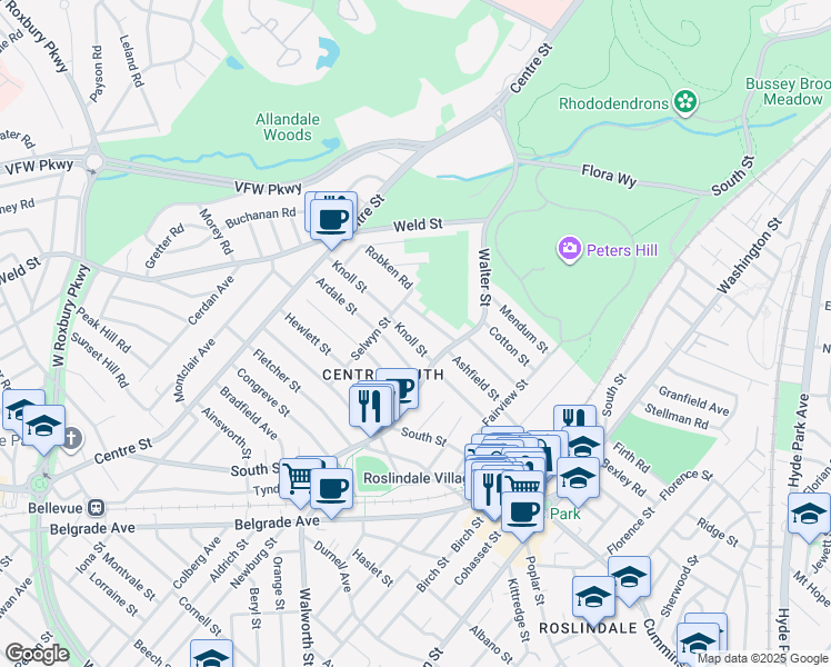 map of restaurants, bars, coffee shops, grocery stores, and more near 10 Knoll Street in Boston