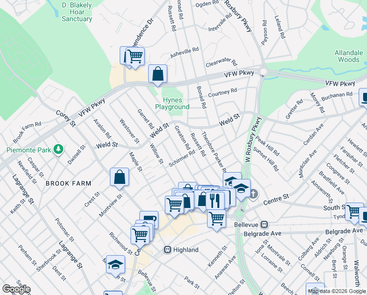 map of restaurants, bars, coffee shops, grocery stores, and more near 111 Manthorne Road in Boston
