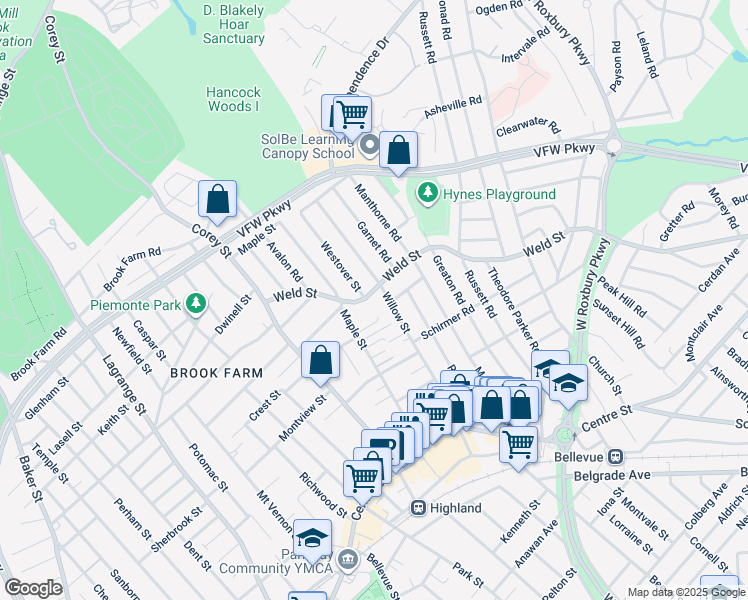 map of restaurants, bars, coffee shops, grocery stores, and more near 26 Maple Terrace in Boston