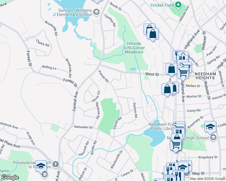 map of restaurants, bars, coffee shops, grocery stores, and more near 89 Parish Road in Needham