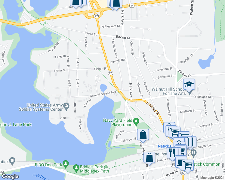 map of restaurants, bars, coffee shops, grocery stores, and more near 10 General Greene Avenue in Natick