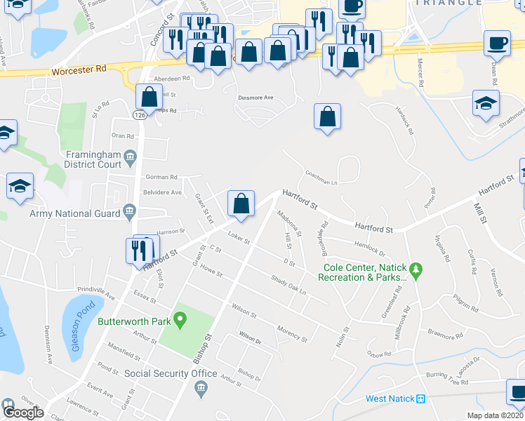 map of restaurants, bars, coffee shops, grocery stores, and more near 20 Bishop Street in Natick