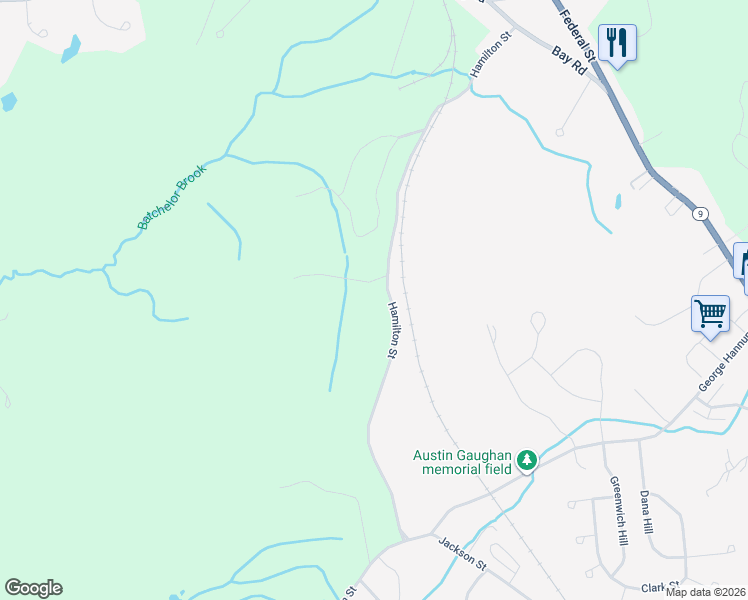 map of restaurants, bars, coffee shops, grocery stores, and more near 99 Hamilton Street in Belchertown
