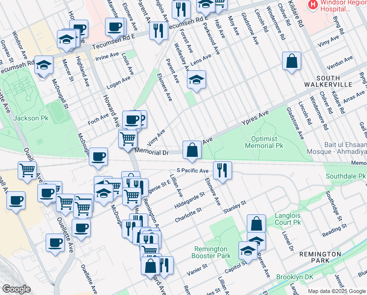 map of restaurants, bars, coffee shops, grocery stores, and more near 803 Memorial Drive in Windsor