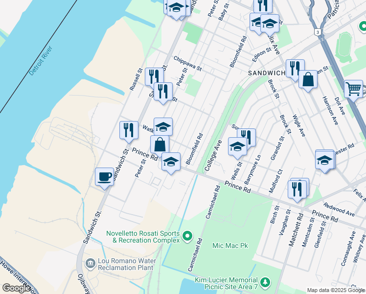 map of restaurants, bars, coffee shops, grocery stores, and more near in Windsor