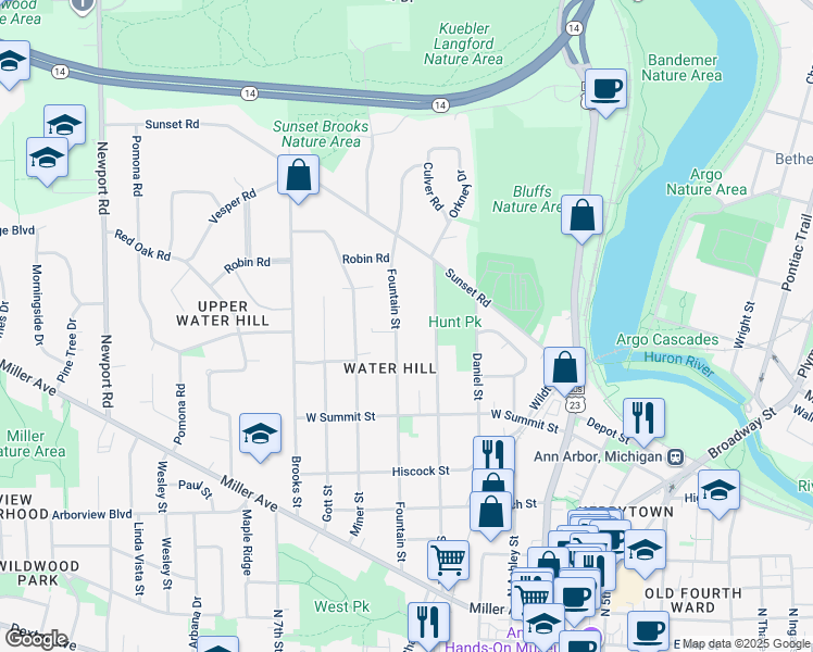 map of restaurants, bars, coffee shops, grocery stores, and more near 1004 Fountain Street in Ann Arbor