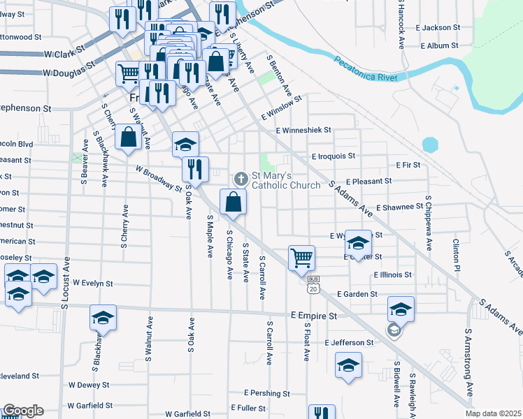 map of restaurants, bars, coffee shops, grocery stores, and more near 904 South Carrol Avenue in Freeport