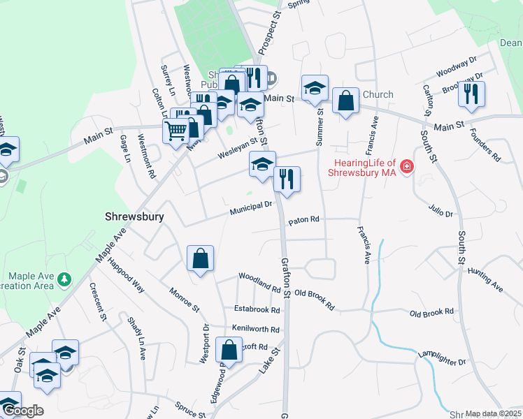 map of restaurants, bars, coffee shops, grocery stores, and more near 7 Municipal Drive in Shrewsbury