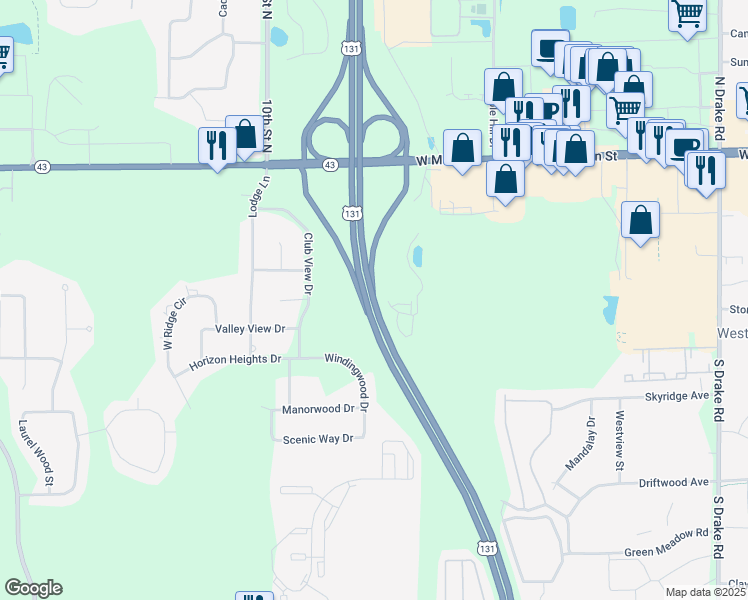 map of restaurants, bars, coffee shops, grocery stores, and more near U.S. 131 in Kalamazoo