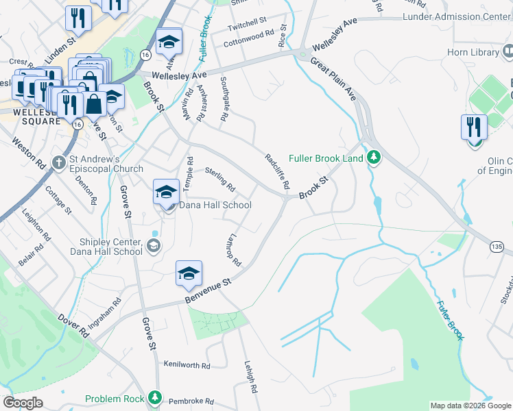 map of restaurants, bars, coffee shops, grocery stores, and more near 3 Dewing Path in Wellesley