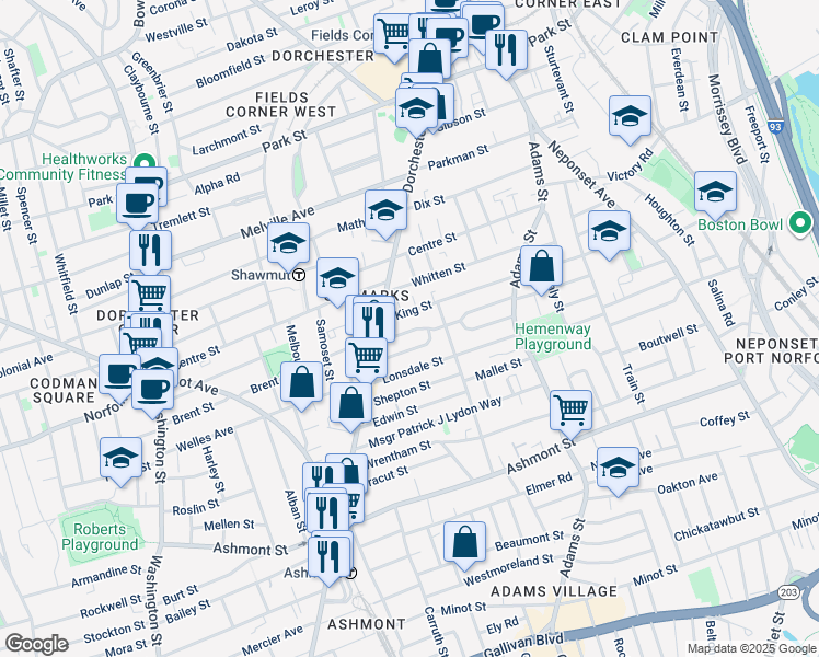 map of restaurants, bars, coffee shops, grocery stores, and more near 22 Saint Marks Road in Boston