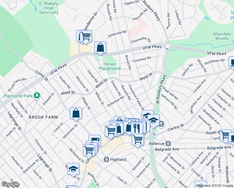 map of restaurants, bars, coffee shops, grocery stores, and more near 111 Manthorne Road in Boston