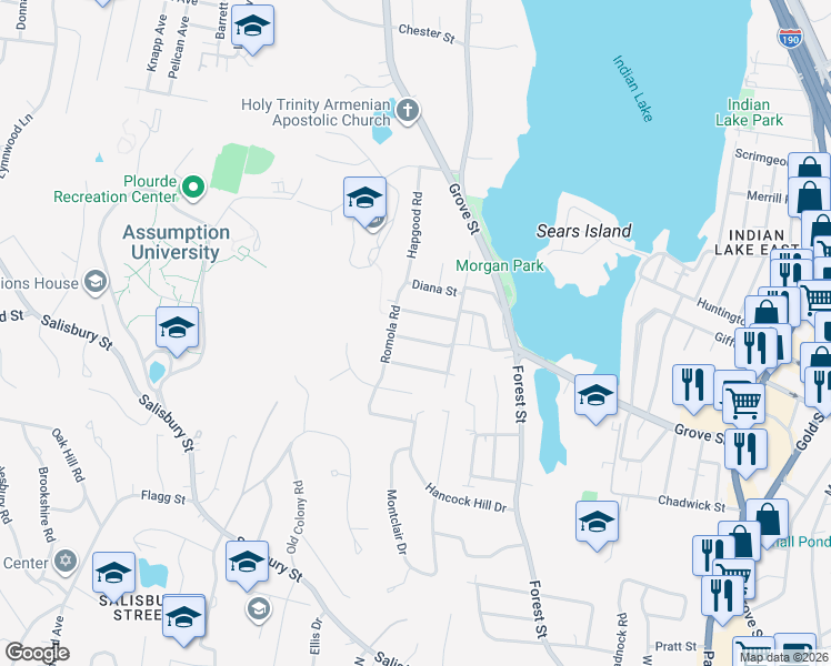 map of restaurants, bars, coffee shops, grocery stores, and more near 14 H Apollo Road in Worcester