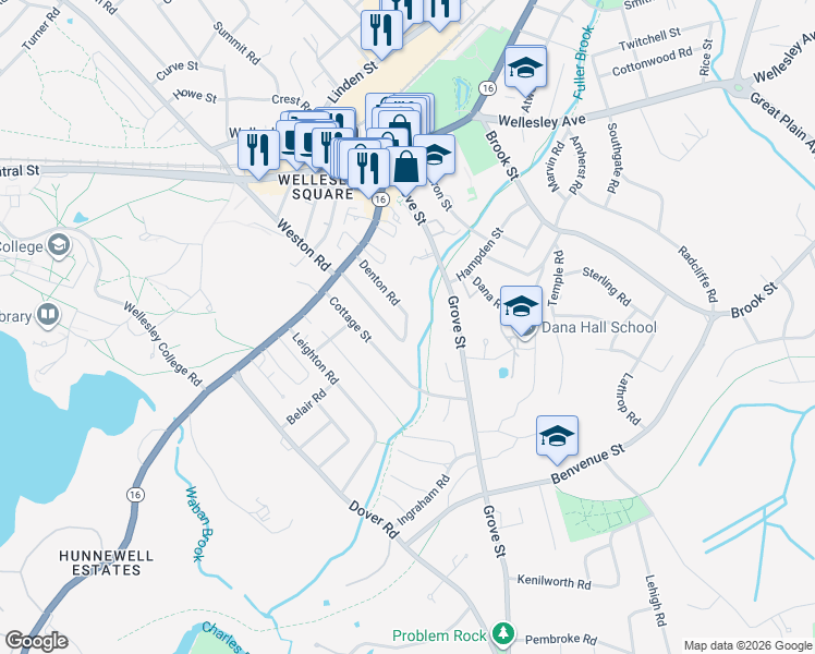 map of restaurants, bars, coffee shops, grocery stores, and more near 38 Denton Road in Wellesley